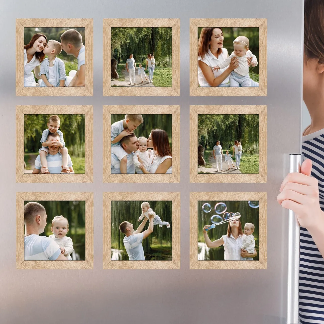 Square Virtual Framed Photo Magnets Set of 9 (Light Wood Look-alike)