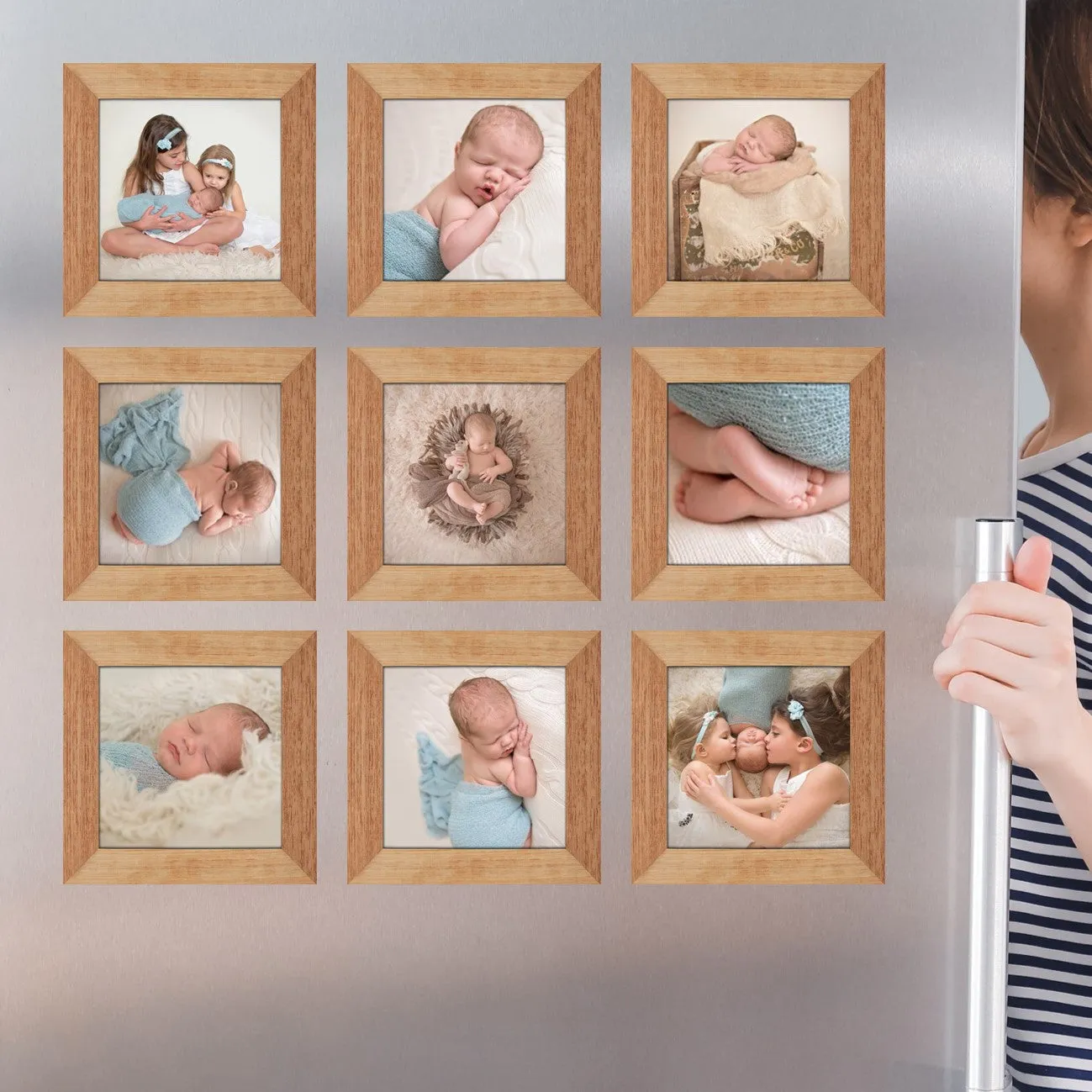 Square Virtual Framed Photo Magnets Set of 9 (Medium Wood Look-alike)