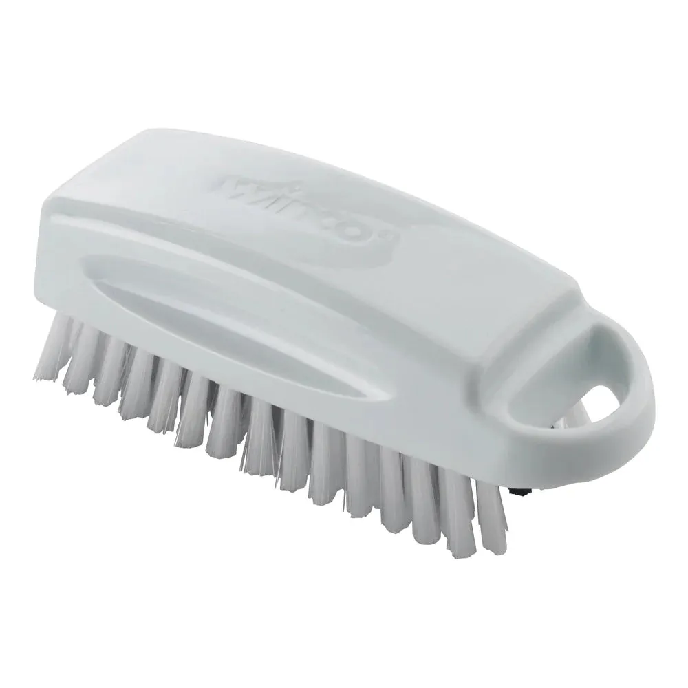 Winco BRN-52 5-5/8" x 2" Nail Cleaning Brush with White and Black Bristles and Plastic Handle